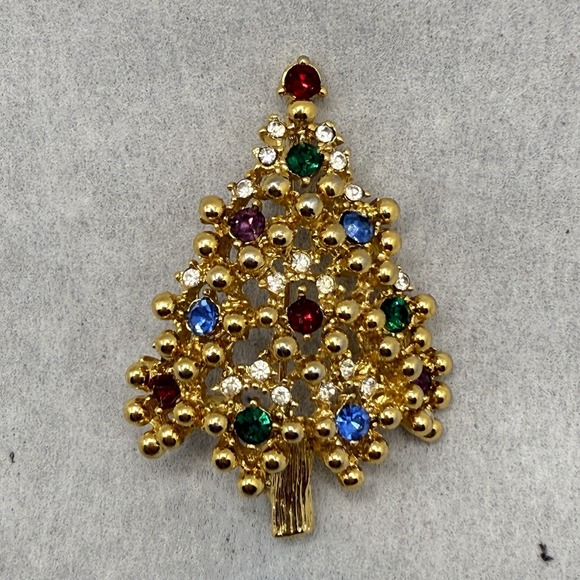 Eisenberg Christmas Tree Brooch Vintage‎ Gold Rhinestone Holiday Pin Signed - Picture 1 of 7
